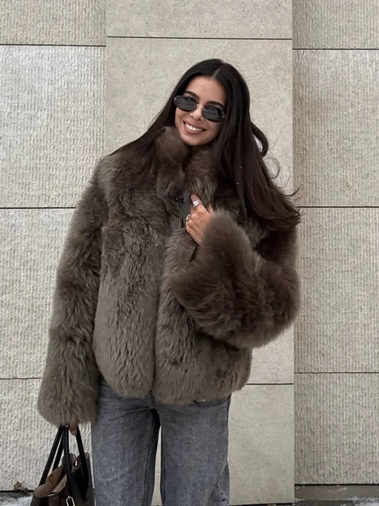 Women\'s Luxury Stand Collar Fack Fur Coat Fashion Long Sleeve High Street Short Jacket 2025 Elegant New Daily Commute Outerwears