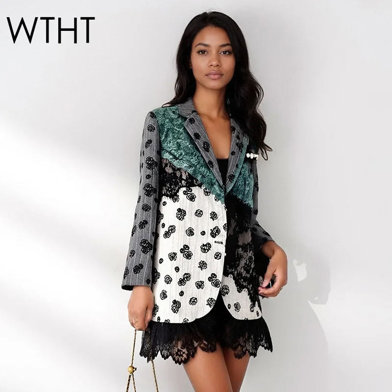 

WTHT новый модный женский свободный пиджак нестандартной формы в стиле пэчворк с кружевным принтом, осень 2022, женская куртка с длинными рукавами и лацканами 1LS2605