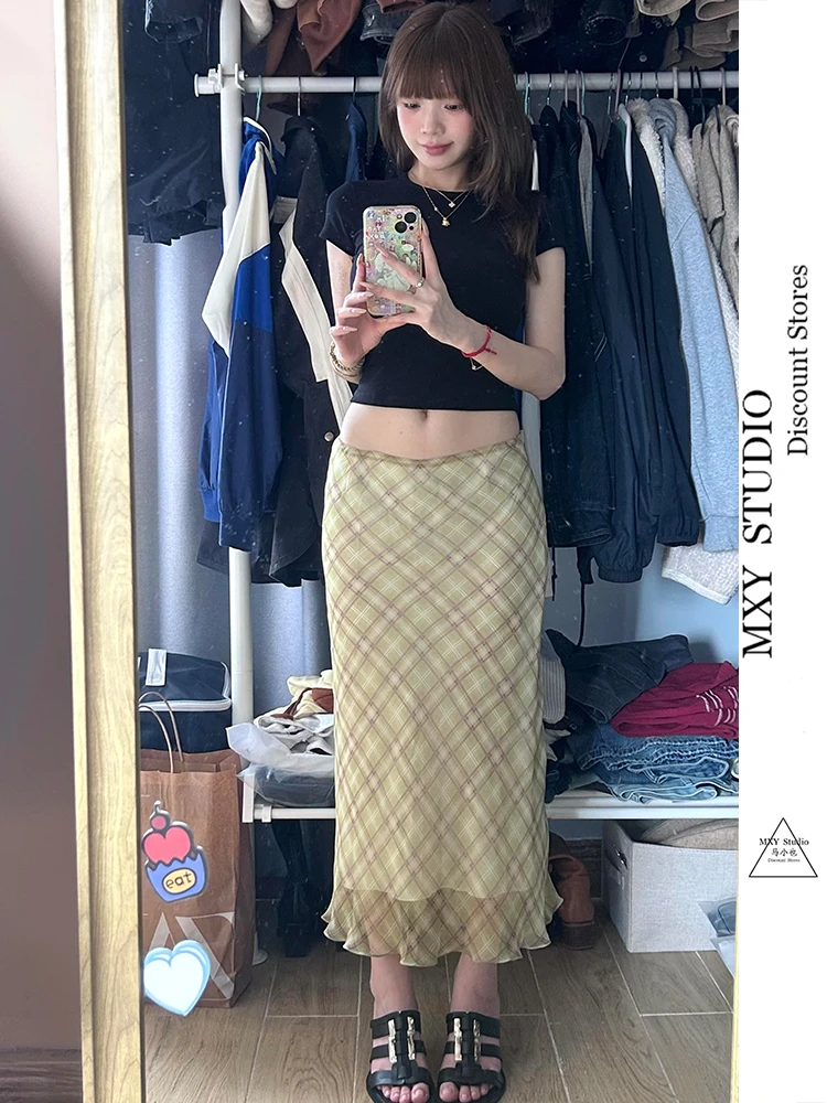 

Шифоновая юбка в клетку с низкой талией, женская повседневная летняя универсальная юбка прямого кроя средней длины, юбка с хвостом Sle Fi