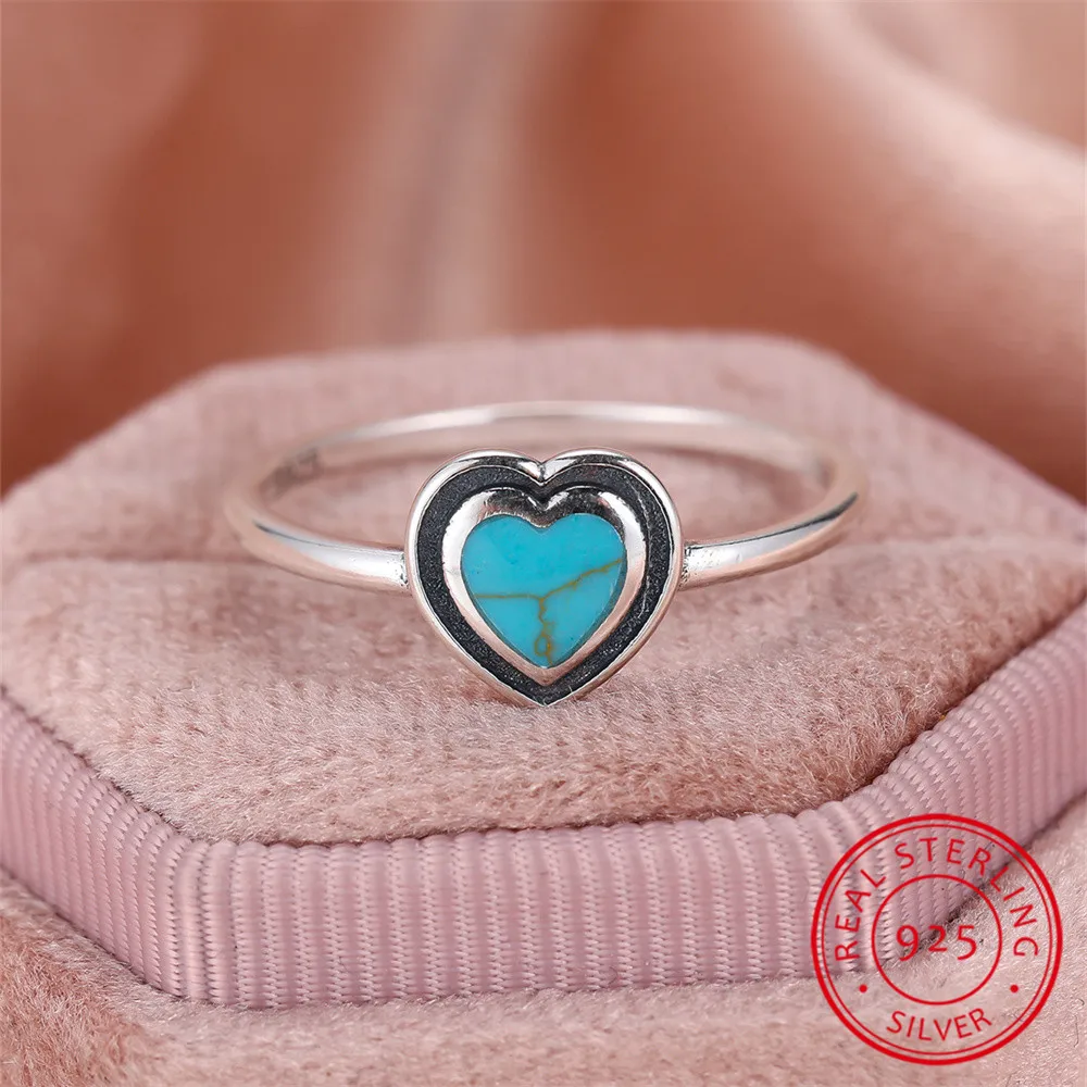 Blue Turquoise Love Heart Ring Real 925 Sterling Silver Engagement Rings For Women Wedding Band Jewelry Valentine's Day Gift