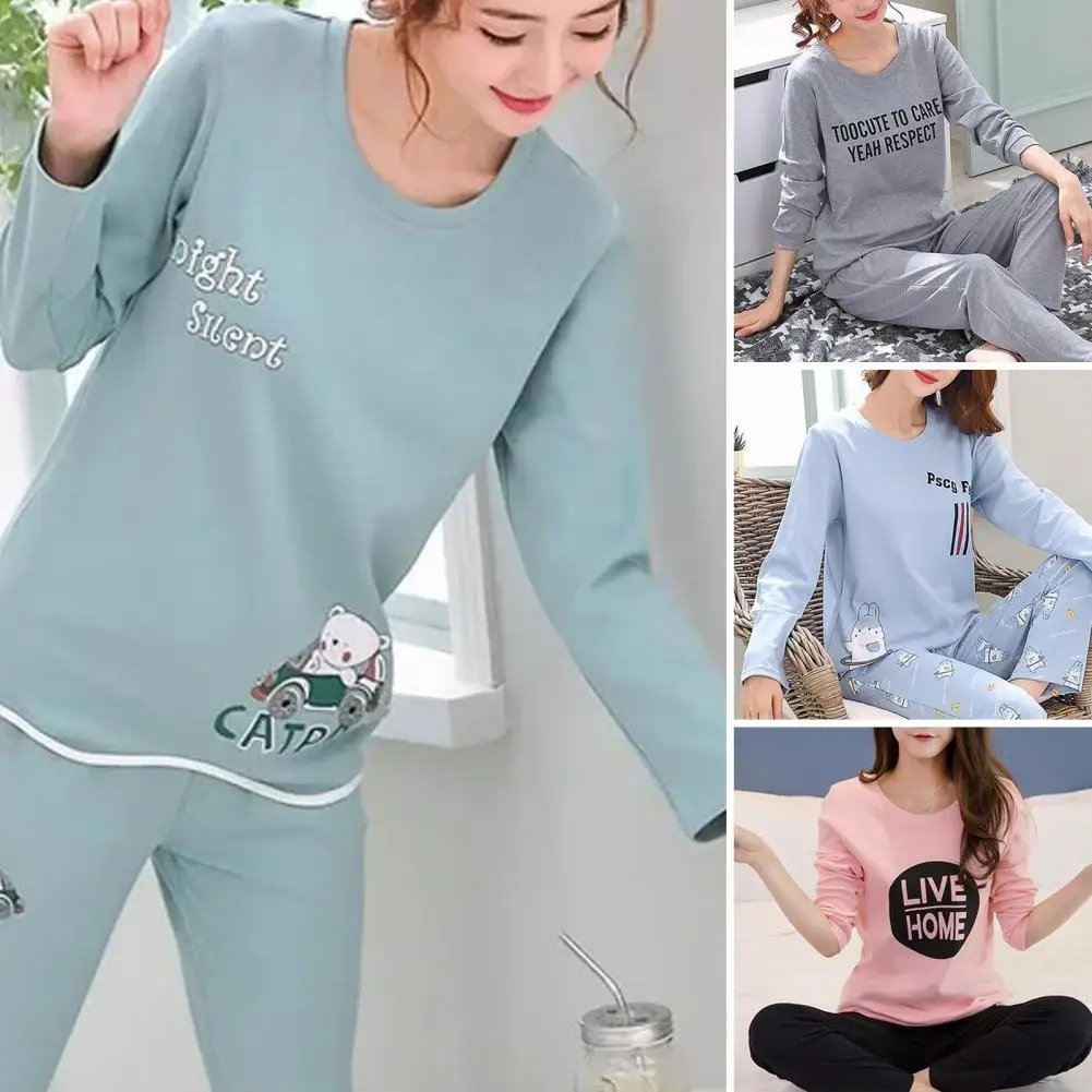 Warm Women Two-piece Pajama Set Cozy Women\'s Cartoon Rabbit Pajama Set Stylish Round Neck Top Elastic Waist for Fall/winter