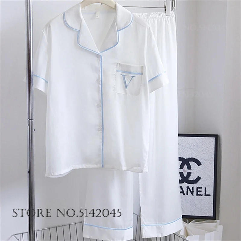 

Женский пижамный комплект с короткими рукавами, одежда для дома, новая летняя шелковая атласная одежда для сна, брючные костюмы, домашняя одежда, свободная повседневная ночная рубашка