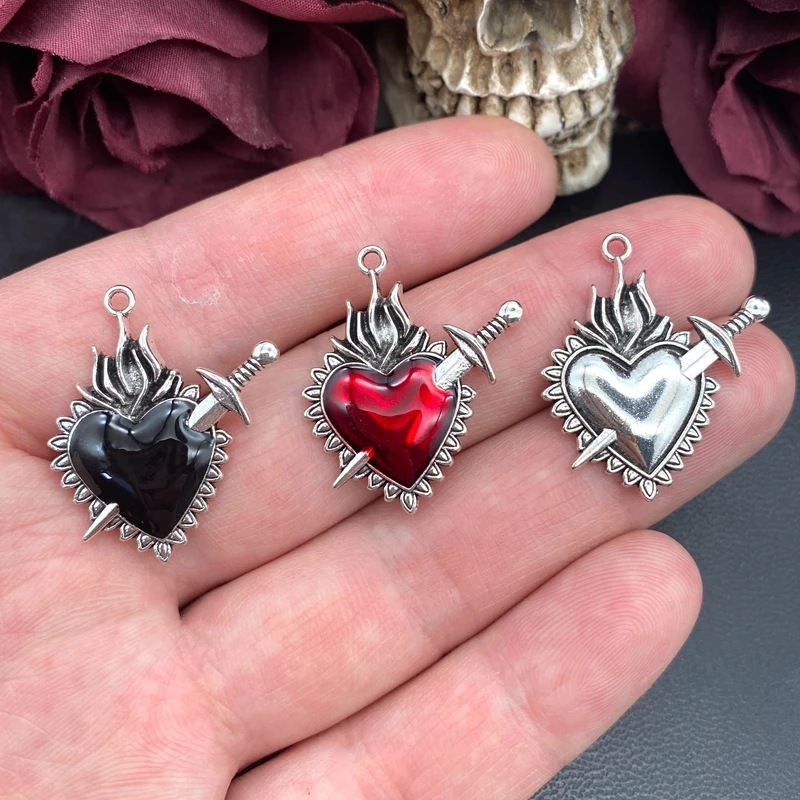 6pcs Flame Sacred Heart Sword Charm  Enamel Thorns Sacred Heart Pendant Designer Charms Fit Jewelry Making DIY Jewelry Findings