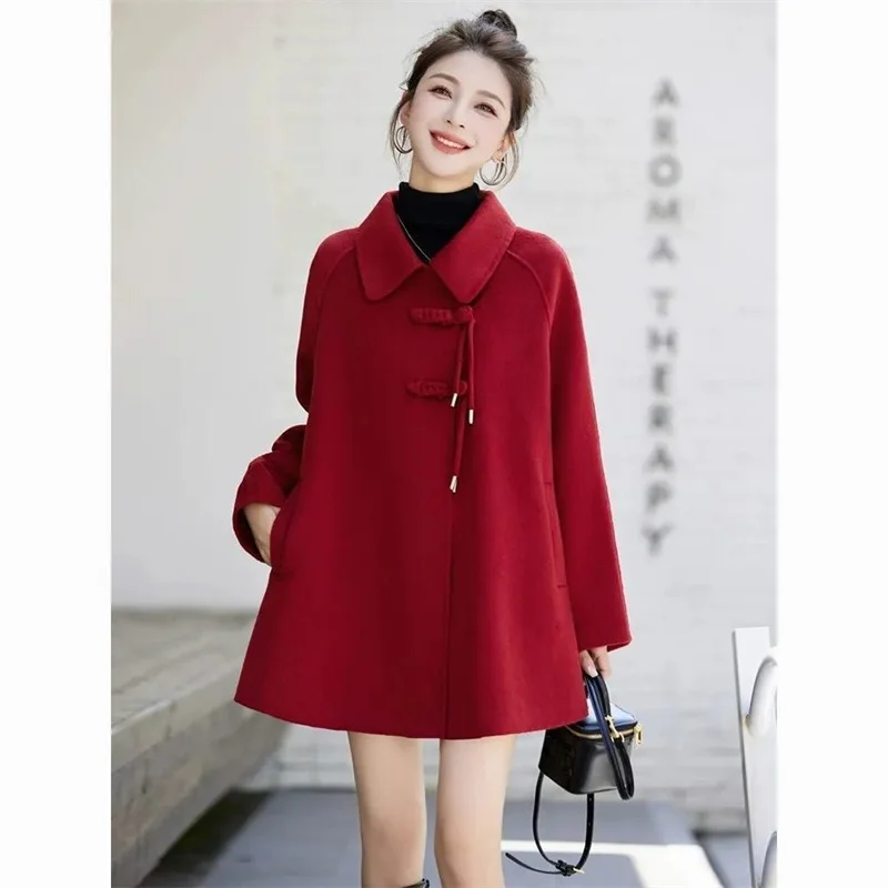 Female Medium Long Styles Cloak Woolen Coat Women Autumn Winter Women Casual Loose Retro Wool Blend Windbreaker Cloak Jacket