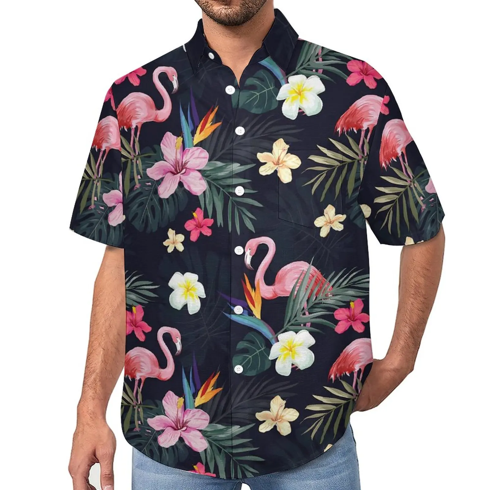 

Tropical Birds Casual Shirts Flamingo Print Vacation Shirt Hawaii Vintage Blouses Male Custom 3XL 4XL