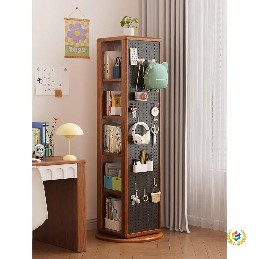 Solid wood rotating bookshelf floor-to-ceiling living room multi-layer shelf