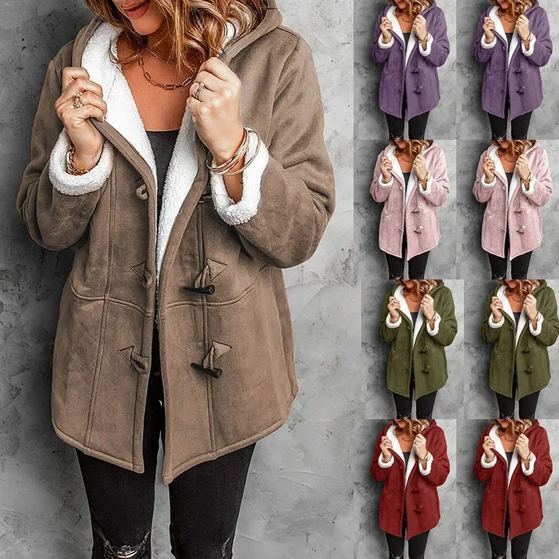 Abrigos de lana gruesa con capucha para mujer, chaquetas de empalme de manga larga con un solo pecho y bolsillos, mezcla informal cálida, Regular, Otoño e Invierno