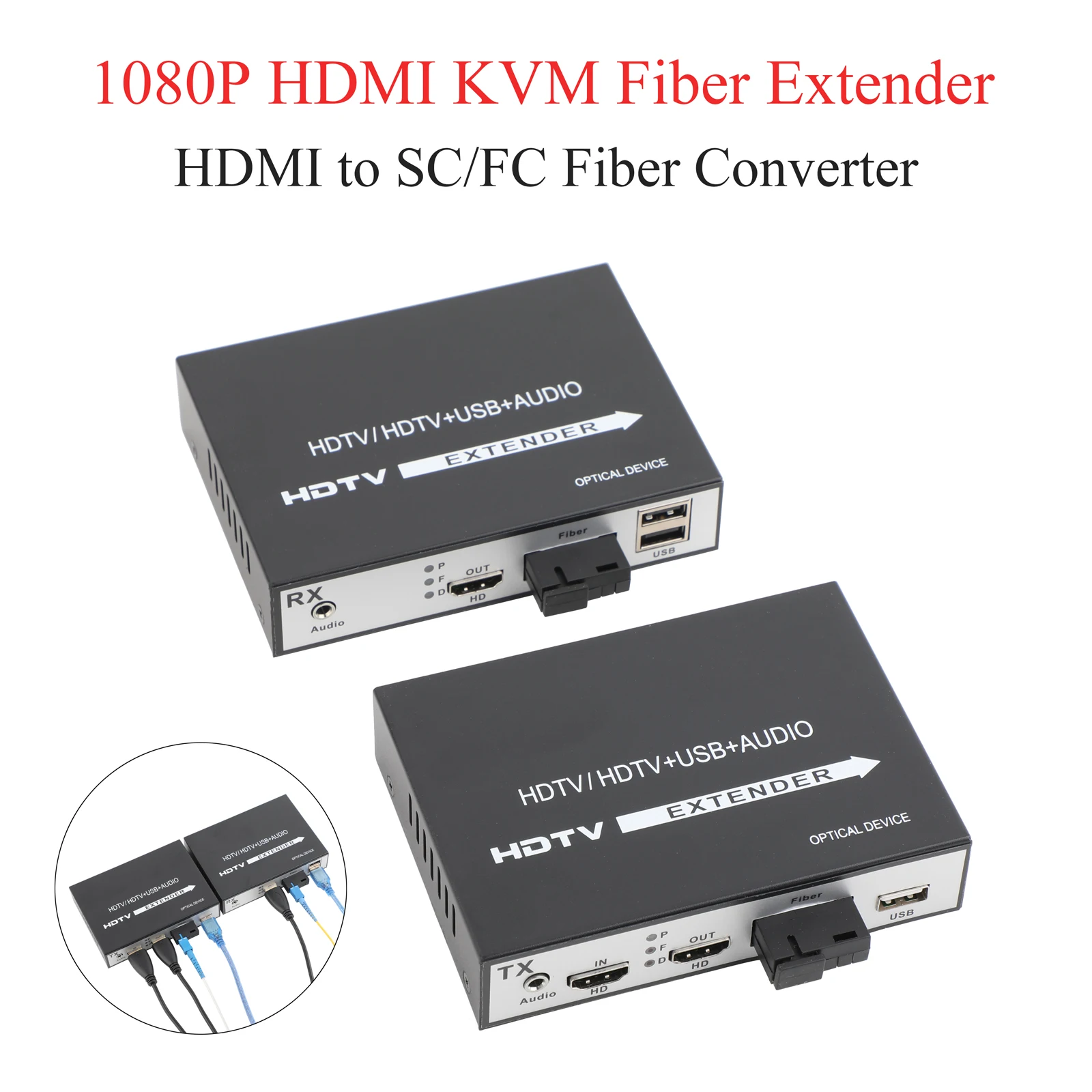 

1080P HDMI KVM Optic Transceiver SC Port Audio/Video Converter Loop-through Audio USB Mouse/Keyboard US/EU Plug For HDTV