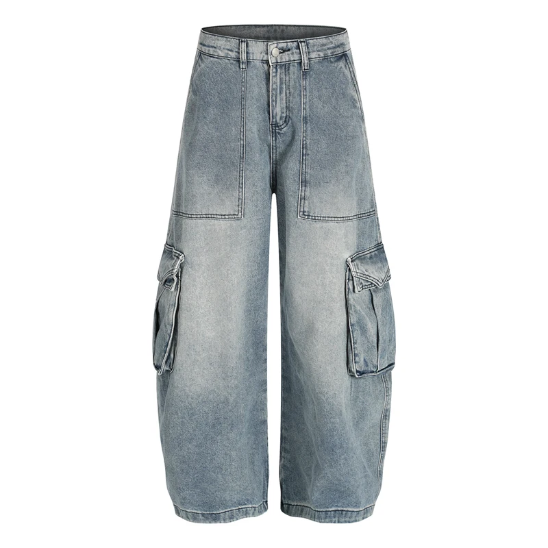 

High Street Men's Jeans Solid Color Washing Multi Pockets Patchwork Denim Pants Wide Leg Male Curved Knife Bottom