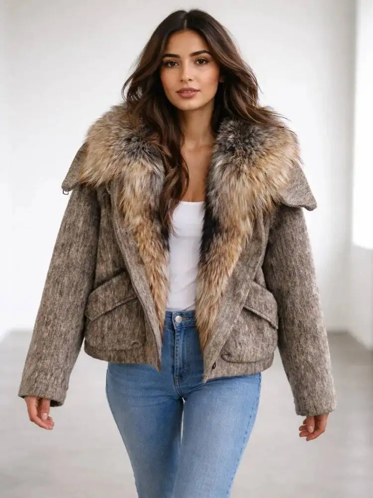 ONEXWEN 2026 Luxury Women Real Fur Collar Wool Jacket Winter Thick Warm Short Coat Fashion Loose Zip Up Outerwear Female ZM5366