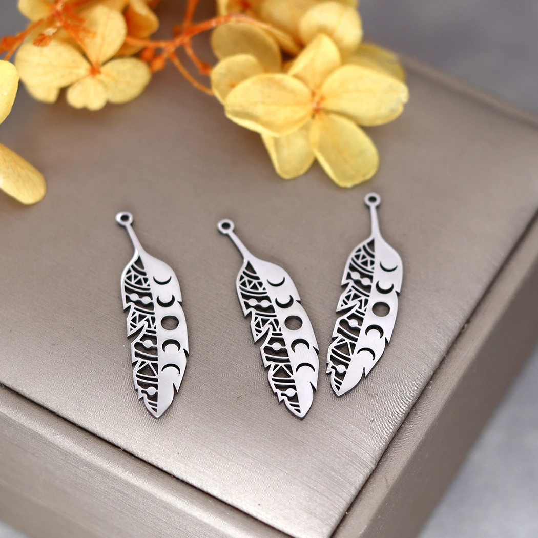 3pcs Moon Phases Leaf Earrings Charms Findings Stainless Steel Laser Cut Necklace Pendant Making Jewelry Supplies