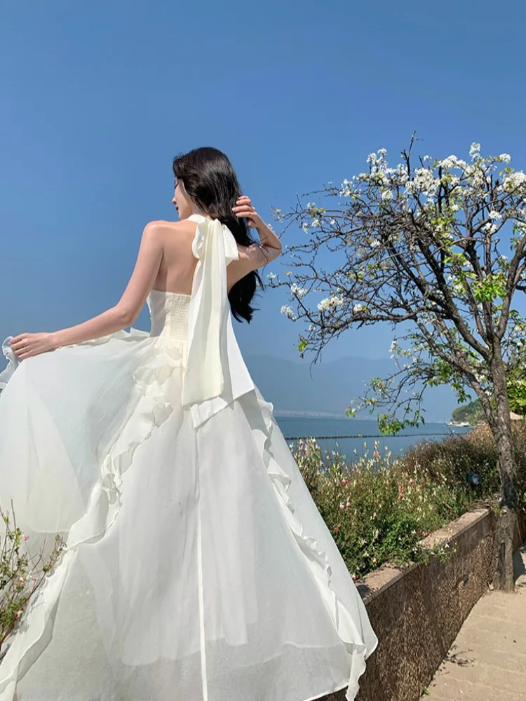 Photo de plage v-ne suspendue Ne Dr fée jupe taille haute gaze Svel vacances d'été Sle jupe de plage pour les femmes