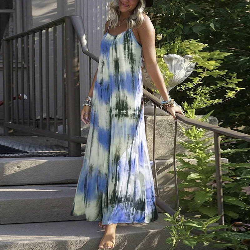 Vintage Tie-Dye gestreiften Druck Schlinge langes Kleid Frauen Frühling V-Ausschnitt rücken frei Boho Maxi kleid Sommer ärmelloses lockeres Strand kleid