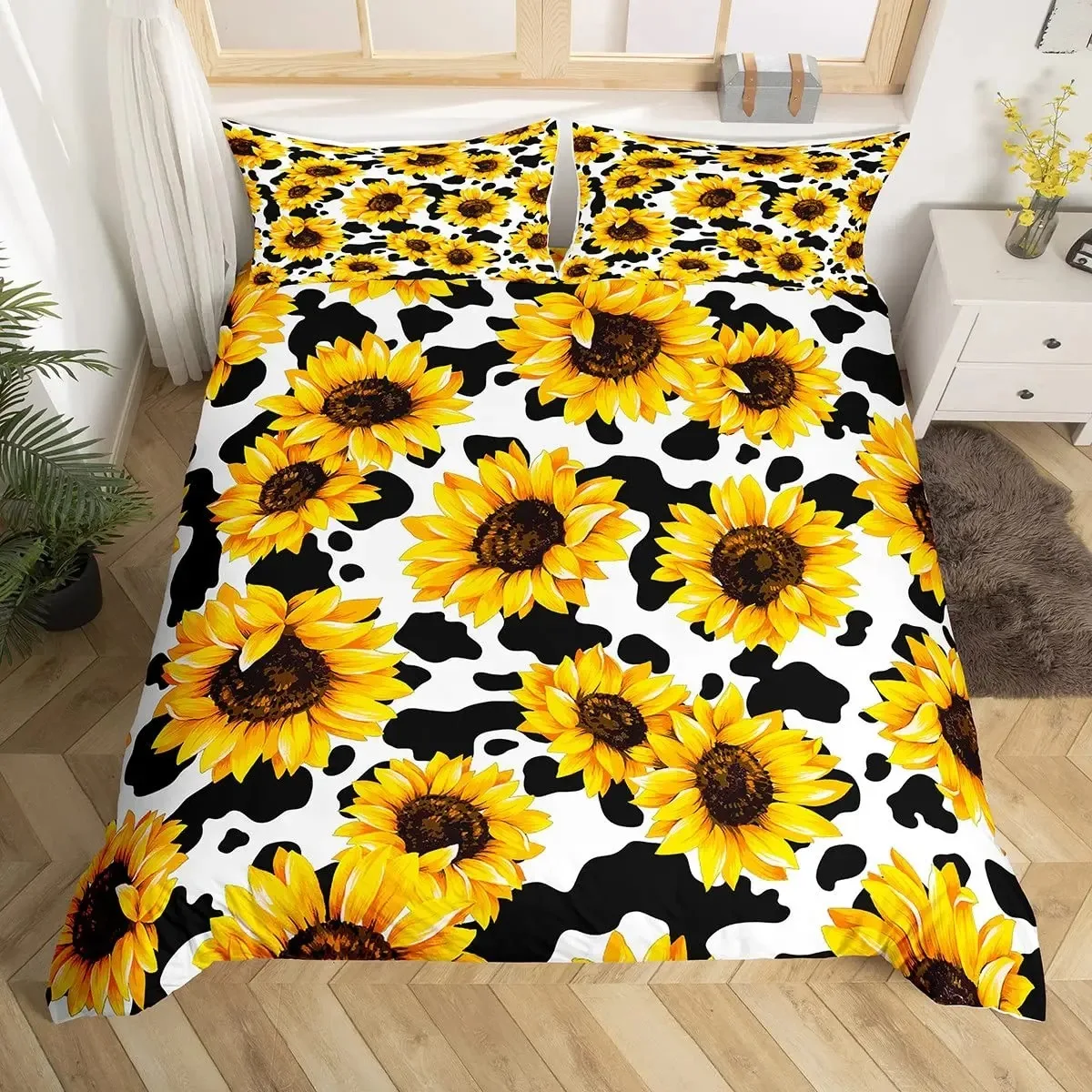 Orange Sunflower Printed Bedding Set for Lover Couples Gift Flower Pattern Duvet Cover Quilt Home Use Bedlines Double Bed Quilt