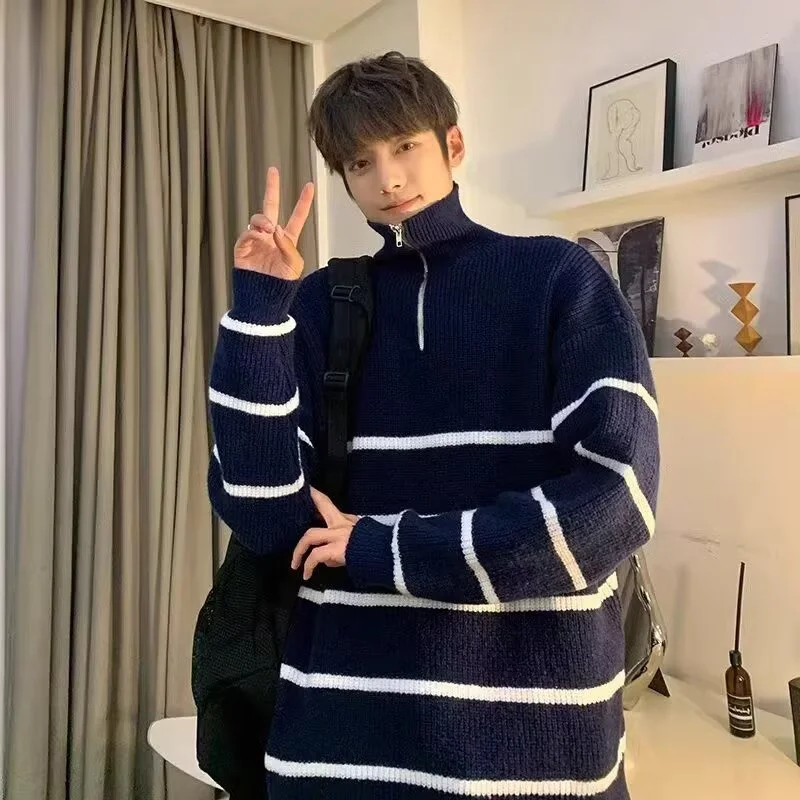 Winter Striped Half-zip Long Sleeve Sweaters For Man High Street Korean Fashion Pullovers Knitwear Y2K Vintage jersey hombre