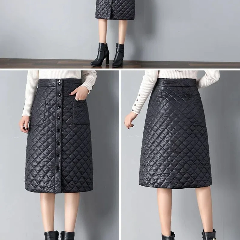 Simplicity Fashion Winter New Women Solid Button Pockets High Waist Down Cotton Thicken Warm Mid-length A-line One Pace Skirt