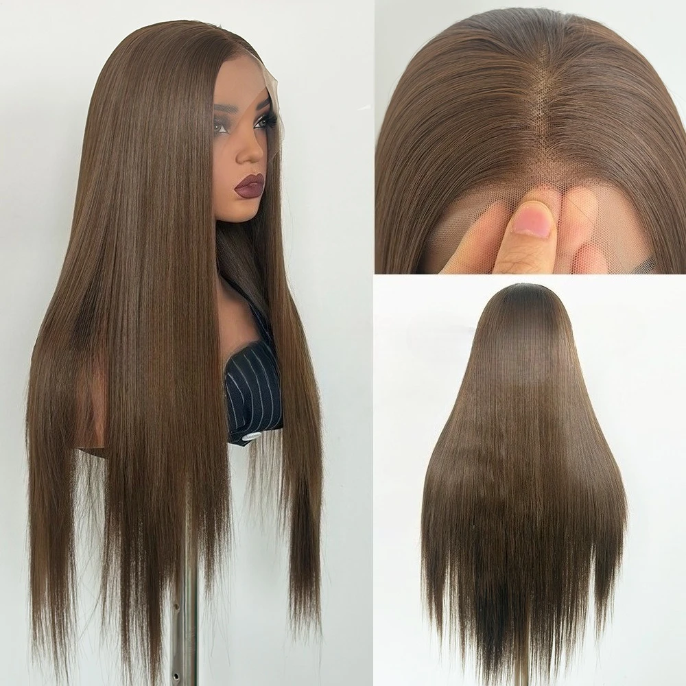 Light brown 18 30 inches chemical fiber long straight hair 13 * 4 front lace 180 density high temperature silk wig