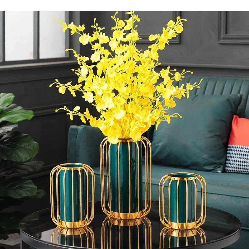 Ceramic Vase Home Metal Frame Flower Arrangement Decoration Living Room Artificial Pot Household Items