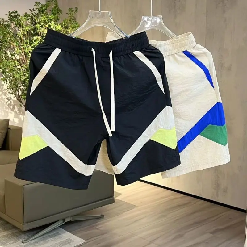 Men Trendy Contrast Color Patchwork Quick Drying Breathable Short Pants Summer Casual Sports Running Loose Straight Beach Shorts