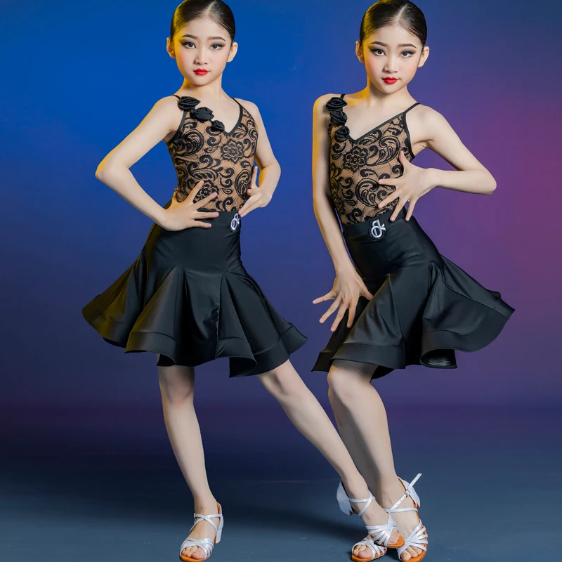 

Children Latin Dance Clothes New 2022 Girls Summer Practice Clothes Dance Skirt Suit Sling Lace Performance Clothes