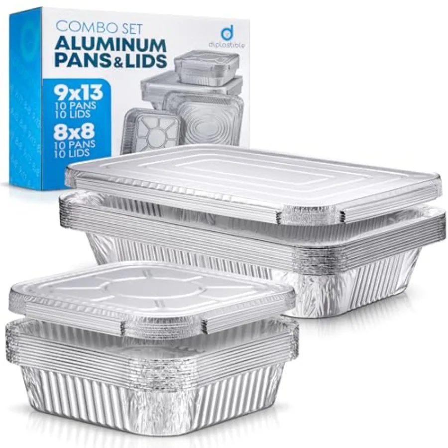 

Disposable Aluminum Pans With Lids, 9x13 10pc And 8x8 Square (10pc) Combo Set, Disposable Baking and Cake Pan (Pack of 20)