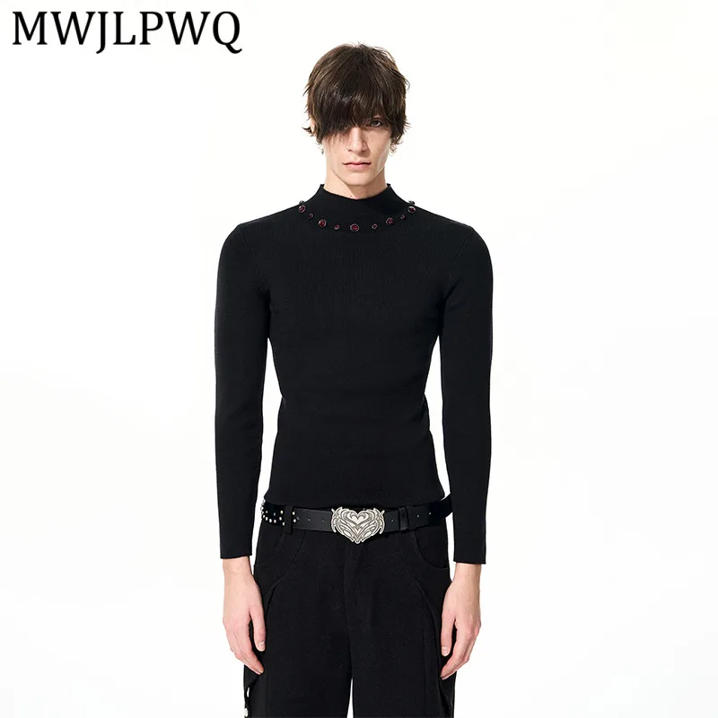 

MWJLPWQ Black Half Turtleneck Knitted T-shirts For Men High Street Decorate Design Spring Winter Slim Versatile Casual Top 13117