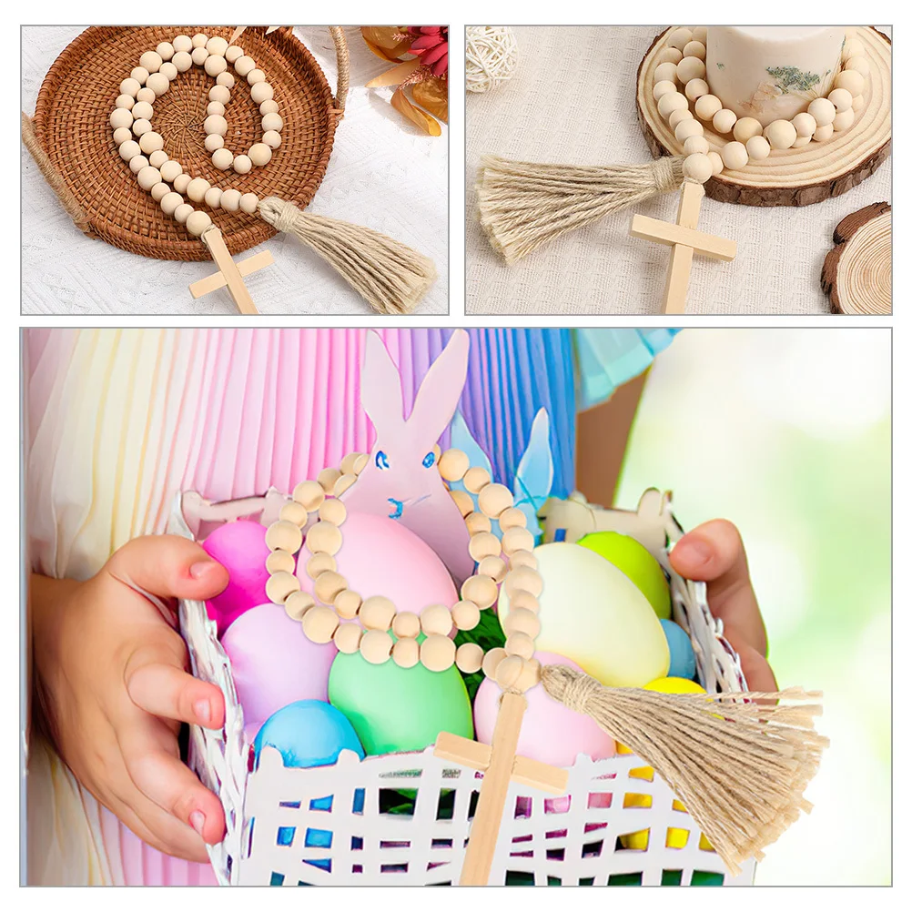 

2Pcs Beaded String Decor Wooden Garland with Cross Charm Natural Wood Beads for Party Home Ornament Housewarming Gift Idea