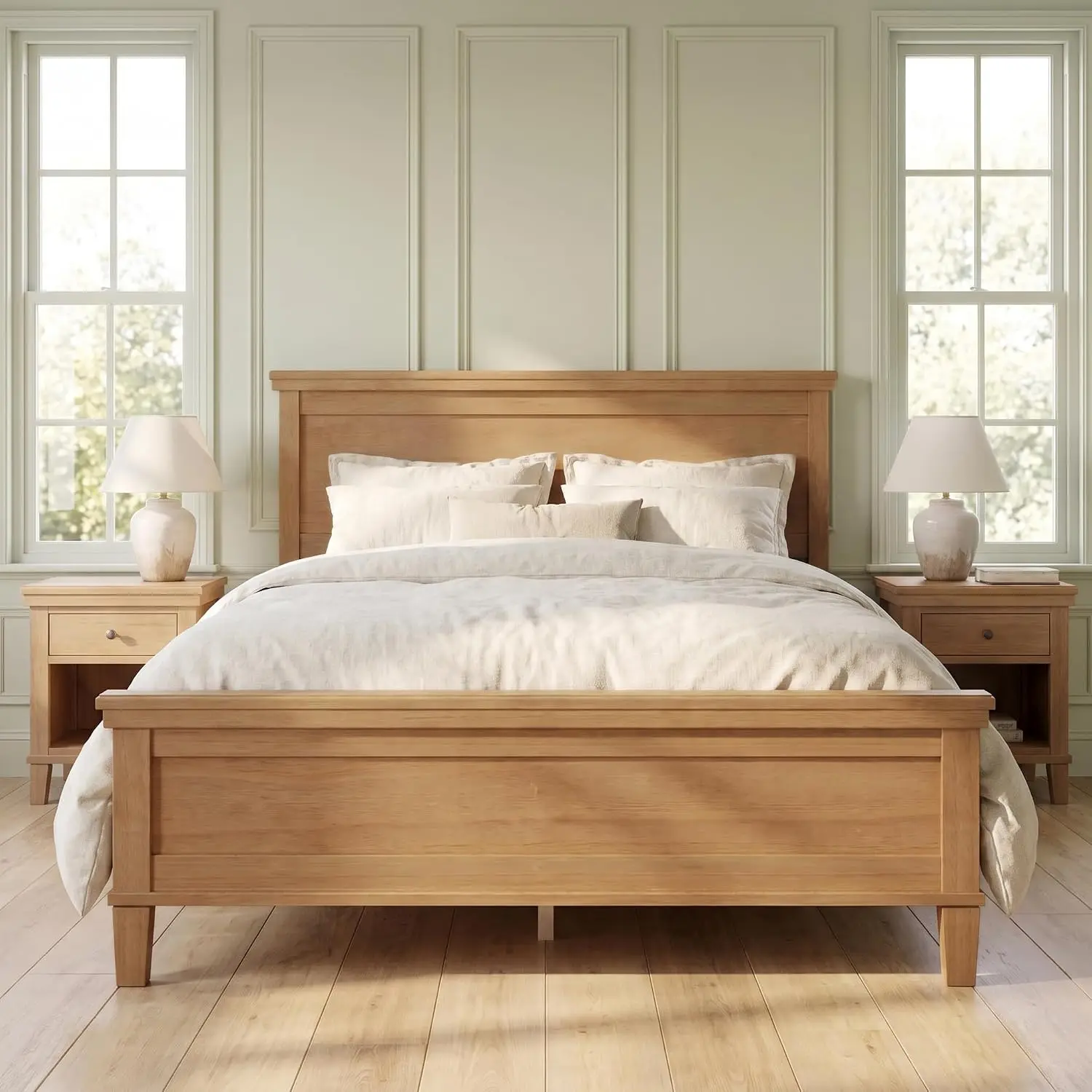 Mid-Century Wood Platform Bed With Headboard, Tapered Legs, Under Bed Storage, Slats Support, No Box Spring Needed, Customized