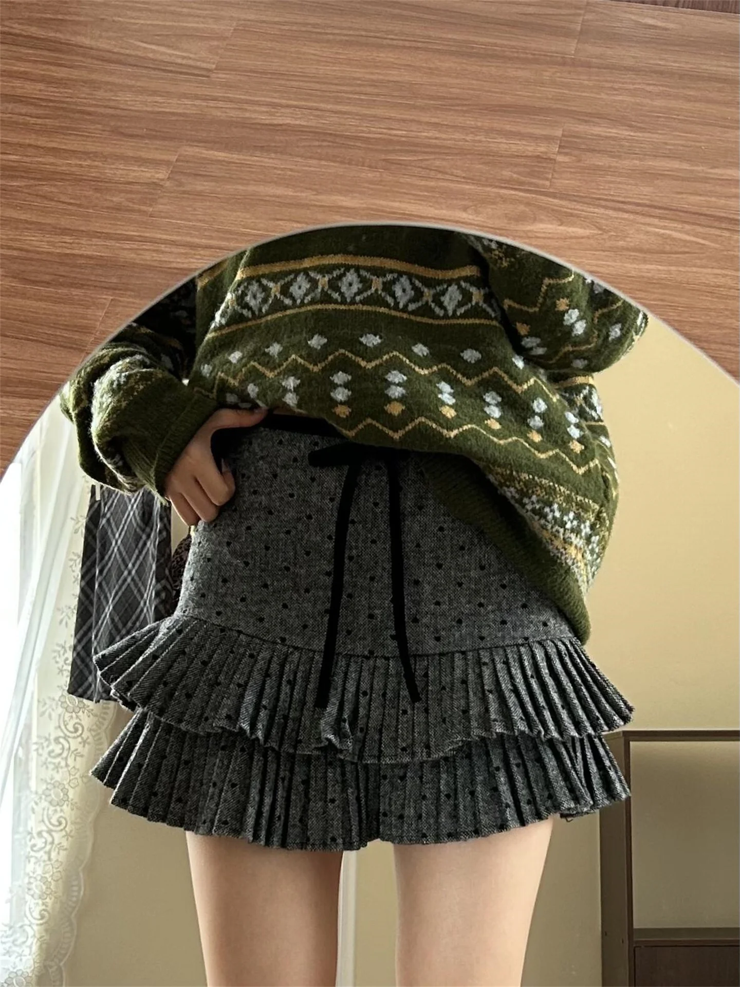Grey Cake Tweed A-Line  Skirt High Waist Polka Dot Women's Spring New Style Casual Comfortable Fit for Daily Wear