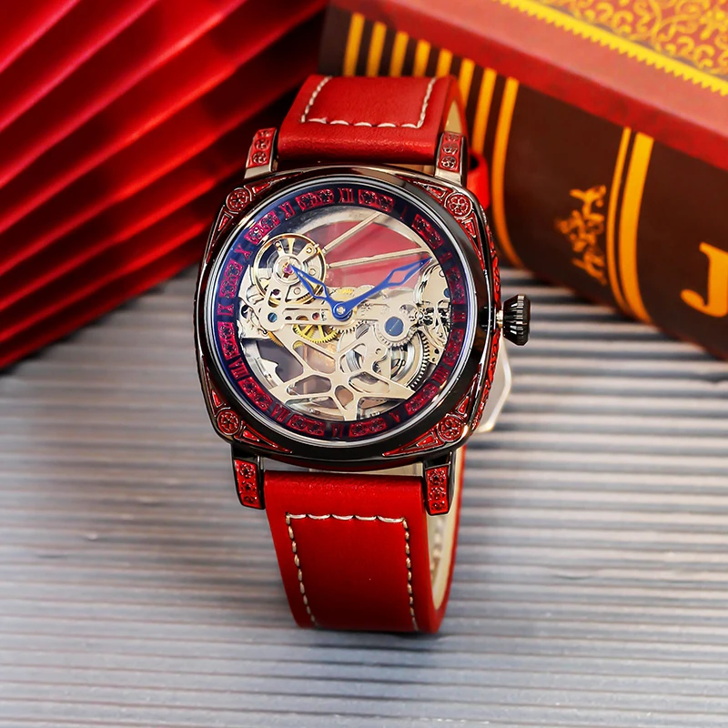 

A men's red leather belt casual minimalist five-pointed star tourbillon fully automatic mechanical watch