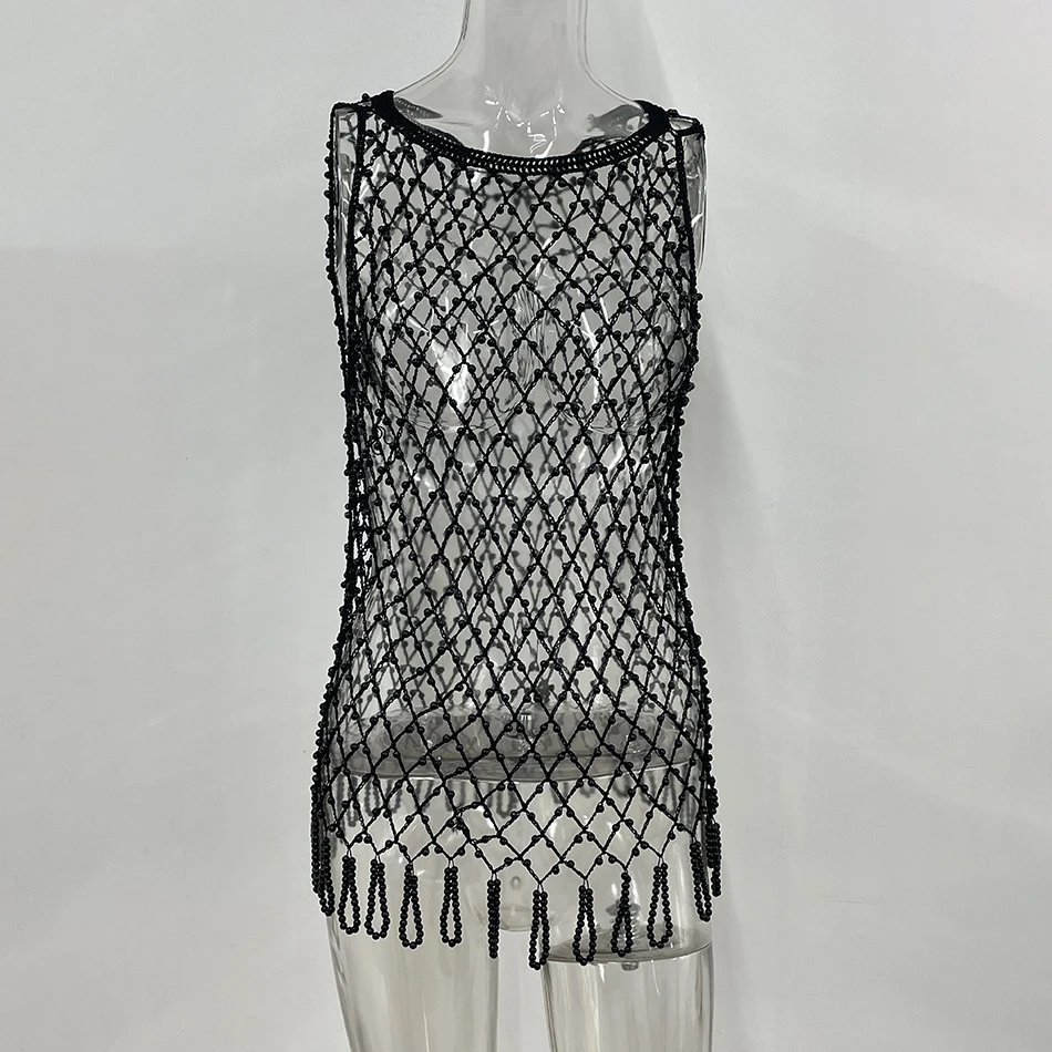 

YOUR BUMP CURVE Heavy Hand Woven Single Stitched Beaded Round Neck Sleeveless Cutout Tassel Loose Top Elegant Ladies Pearl Top