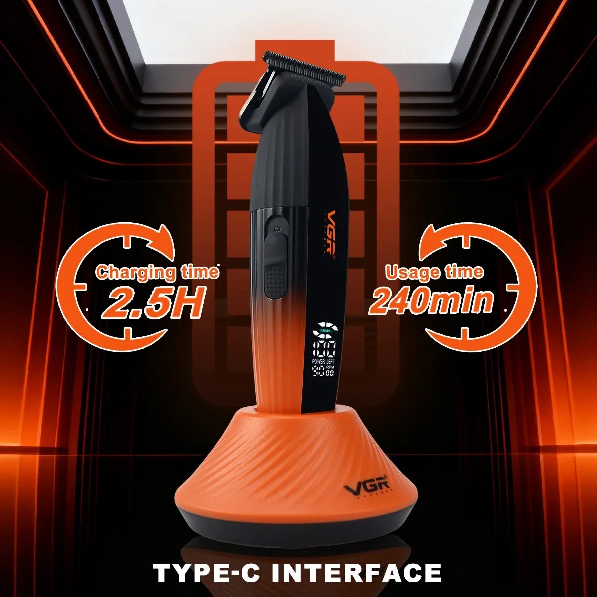 ماكينة تشذيب احترافية VGR V-889T للرجال DLCBlade 9000 دورة في الدقيقة مع شاحن قاعدة شاشة LED معدنية كاملة ماكينة تشذيب الشعر