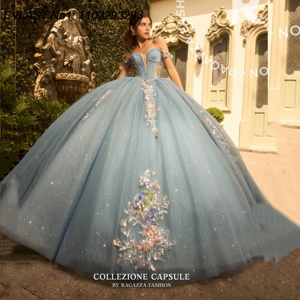 EVLAST personalizado brillo azul vestido para quinceañeras vestido De baile apliques florales rebordear lazo grande dulce 16 Vestidos De 15 Anos E1QN749