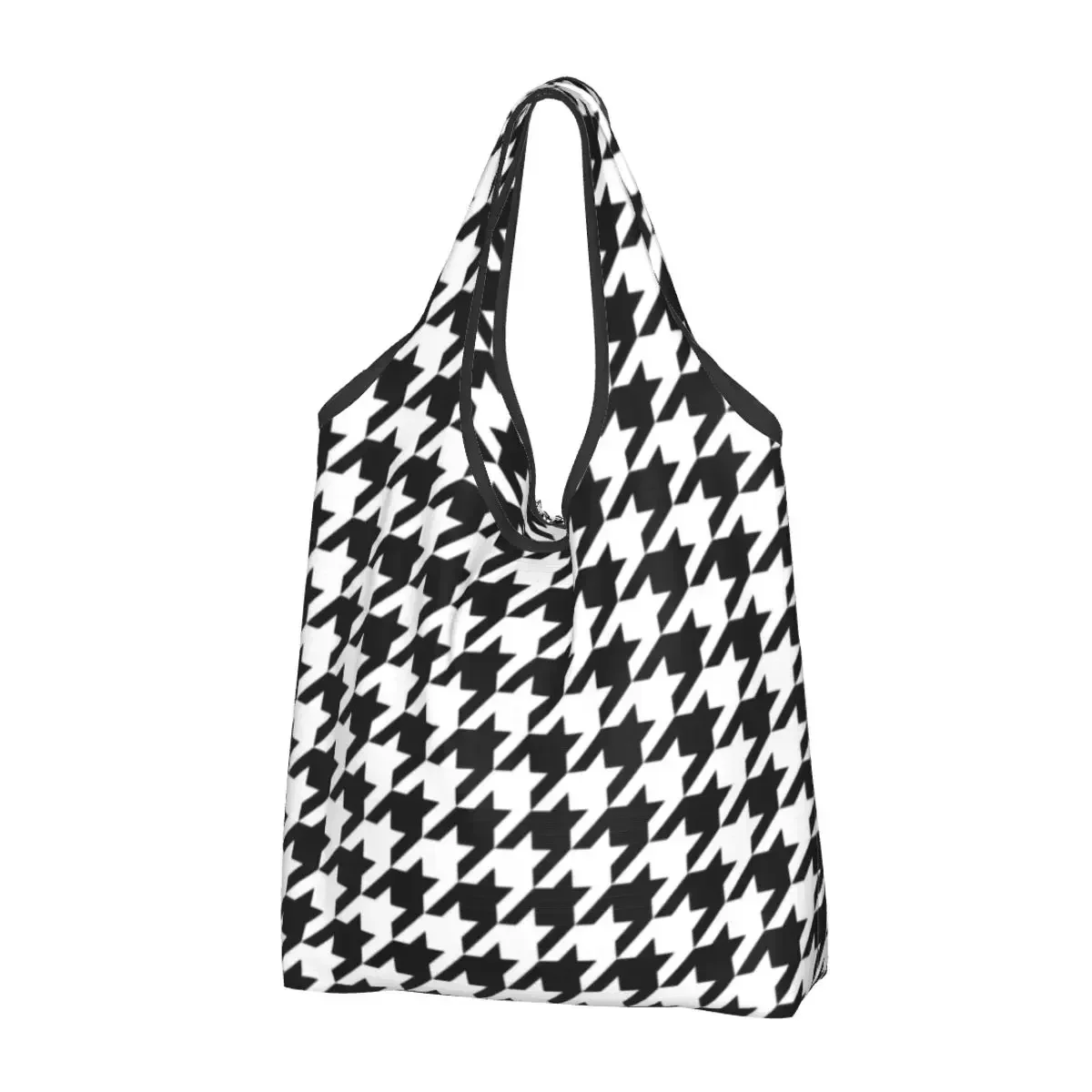 Modern Black White Houndstooth Groceries Shopping Tote Bag Kawaii Classic Geometric Shoulder Shopper Bags Big Capacity Handbags