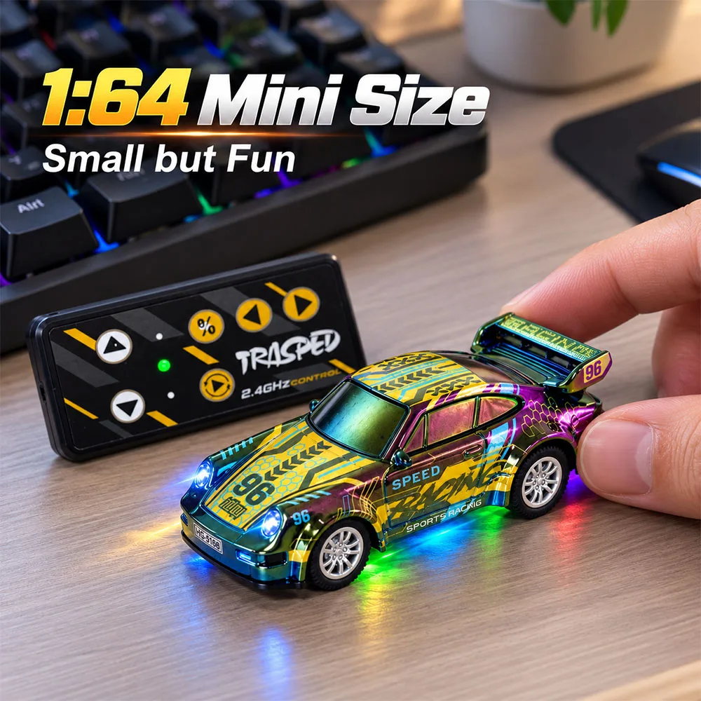 1:64 Mini RC Sports Car 2.4GHz Remote Control Toy, Chrome Body with Cool Lights, Small Size But Fun, Kids Gift