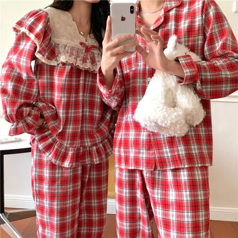 Loose Casual Couple Pajamas Sweet Lace Vintage Red Plaid  Thick  Nightwear Autumn Winter Princess Style Christmas Homewear D711