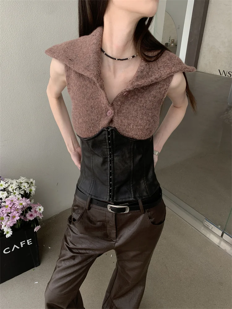 CHEERART Brown Leather Patchowrk Cardigan Sweaters For Women 2023 Designer Sleeveless Knit Top Spring Clothes