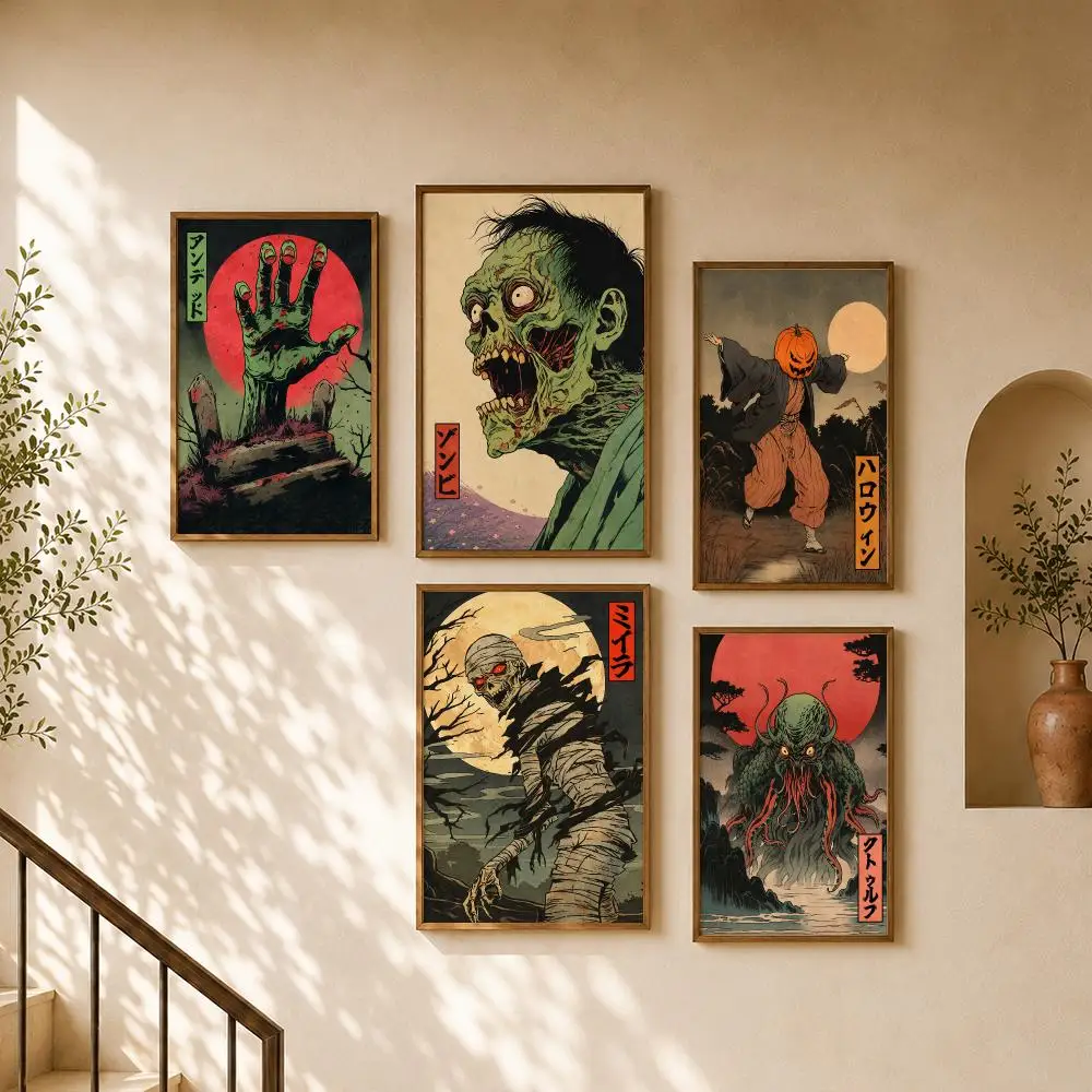Japanese Rising Skeleton Ukiyoe Gothic Poster PP Self Adhesive Home Garage Dorm Bar Wall Decor Aesthetic Retro Gift