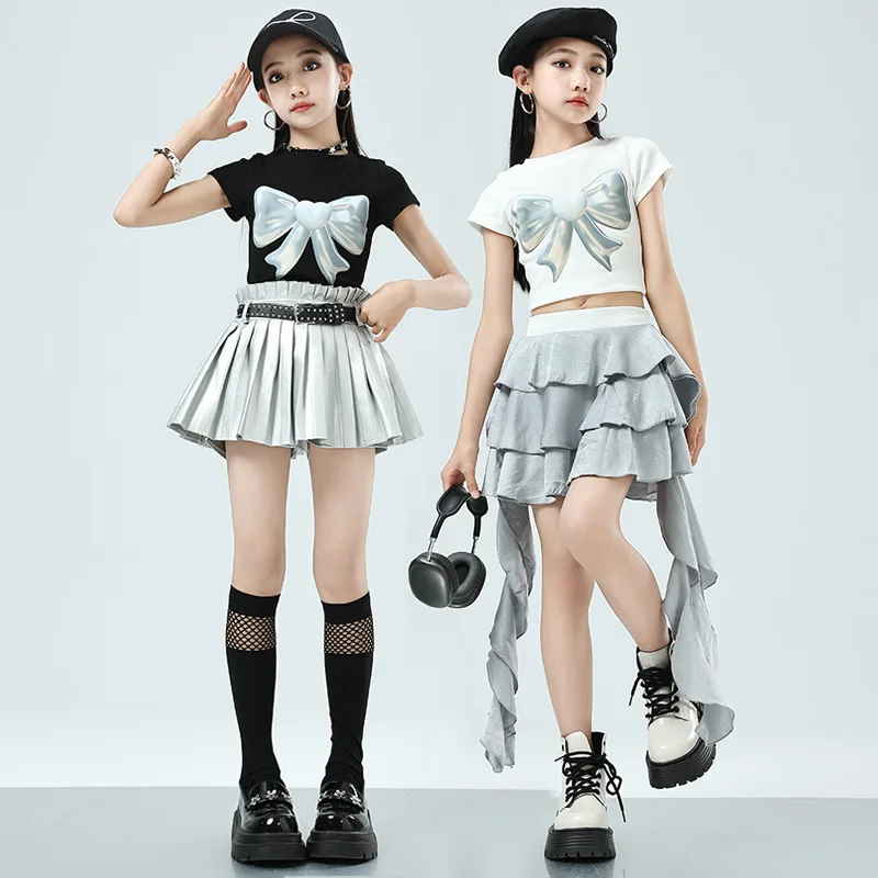 Hip Hop Girls Fashion Crop Top Street Dance Silver Pleated Skirt Kids K-Pop Streetwear Child Jazz Girl Group Costume Clothes Set-image