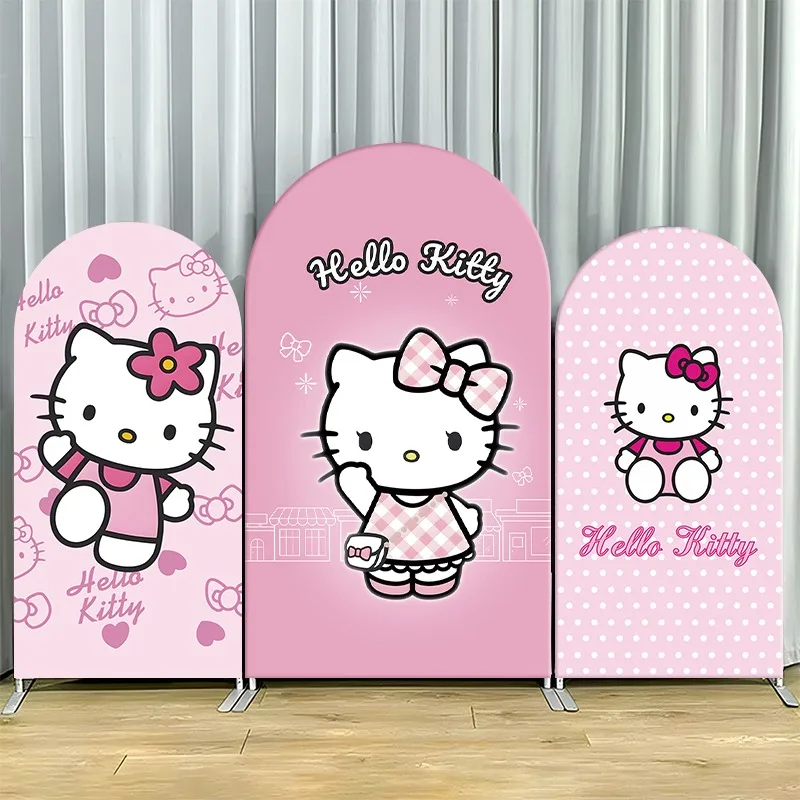 Housse de toile de fond 2D à arche plate, simple couche, en tissu non extensible, motif Hello Kitty rose, ensemble de bannières pour décorations de fête