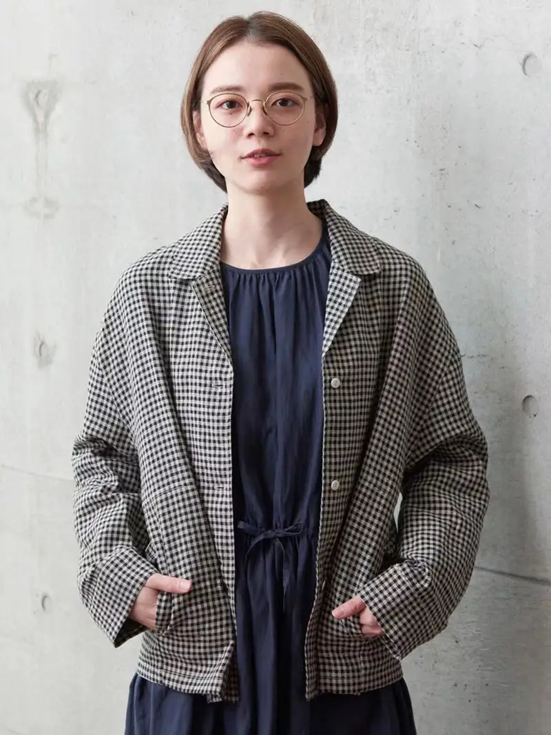 

Weiyang Forest Early Autumn Linen Vintage Plaid Casual Thin Jaet YY280 Women's ort Outerwear Collar Long Sve