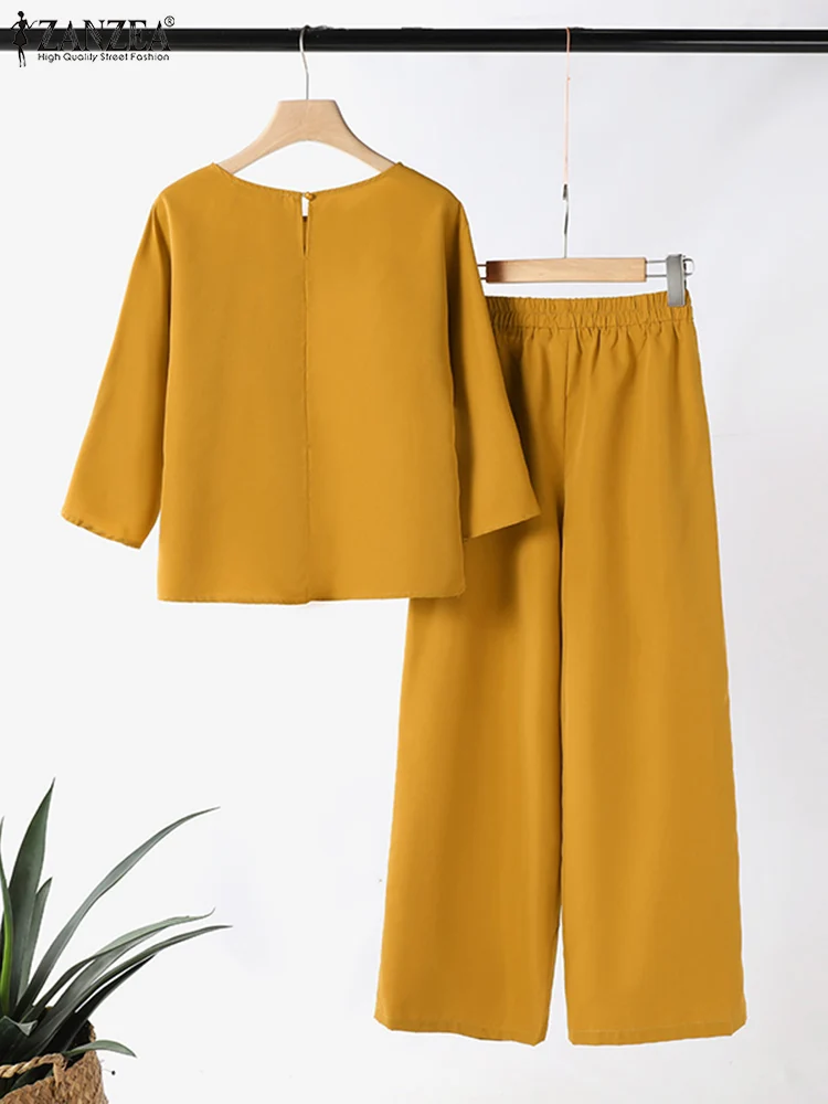 ZANZEA Casual 3/4 Sleeve Crop Tops Suit Women Solid 2PCS Pant Sets Fashion Long Trouser Outfits Holiday Ruffled Matching Sets