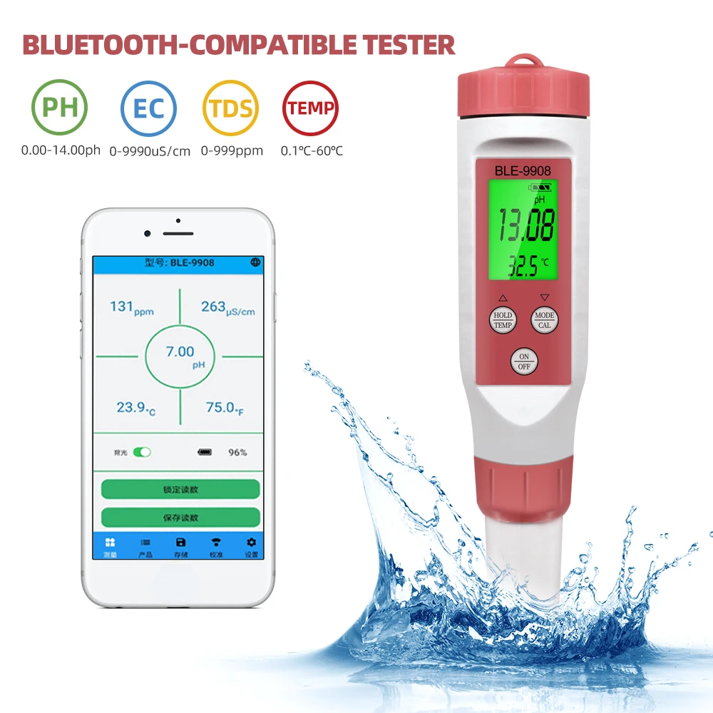 Bluetooth-compatible Ph Meter 4 in 1 PH EC TDS Temperature Meter Online APP Control Water Quality Tester for Hydroponic Aquarium