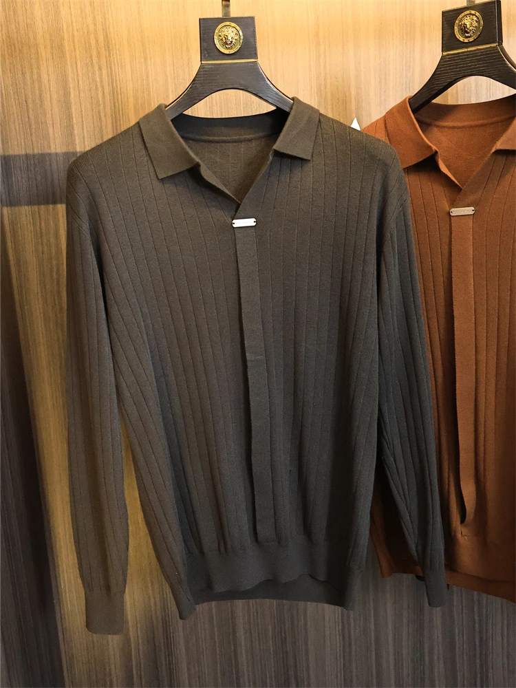 

Модный городской мужской вязаный свитер с железной отделкой, осенний длинный све, однотонный воротник-стойка, вертикальная полоска