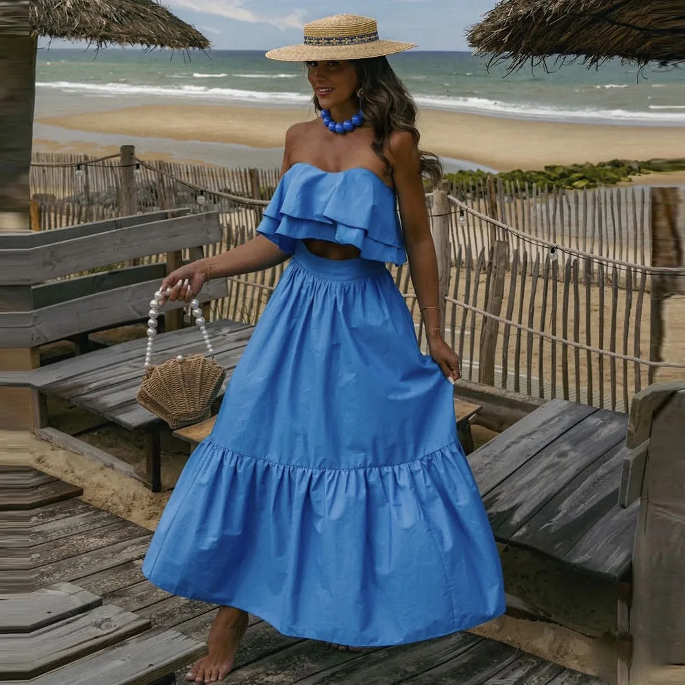 

2026 Summer Beach Holiday Dress Satin Two Pieces Sets Women Clothing Ankle Length Birthday Party Gowns