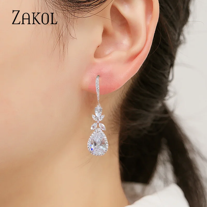 ZAKOL Shinny Water Drop Zirconia Leaf Hook Earrings for Women White Dangle Earrings Fashion Bridal Wedding Jewelry