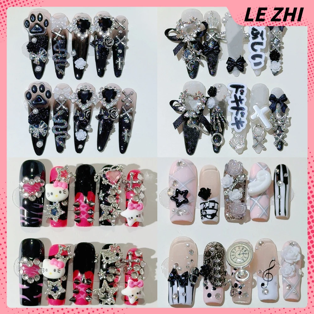 

Dark Gothic Spice Girl Style Hello Kitty Kuromi Handmade Long Stiletto Press On Nails Diamond Flowers Metal Bow Crown Fake Nails