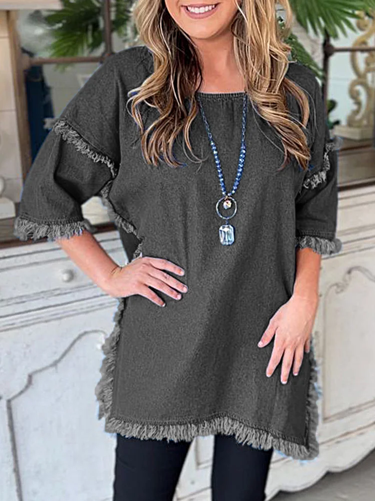 Women Boho Raw Edge Fringe Denim Tunic Shirts Oversized Loose Casual Daily Blouses For Curvy Ladies