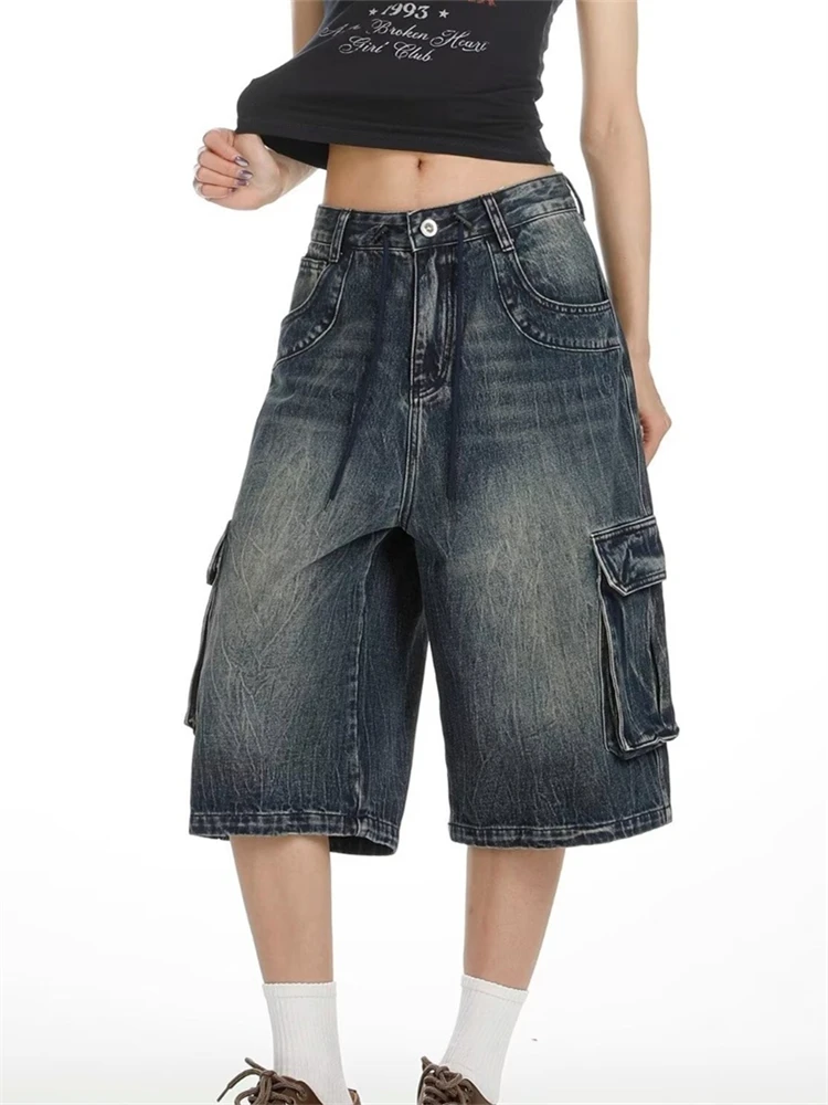 

Women's Baggy Knee Length Cargo Jeans Summer Y2k Boyfriend Denim Trousers 2000s Female Oversize Jean Pants Vintage Clothes