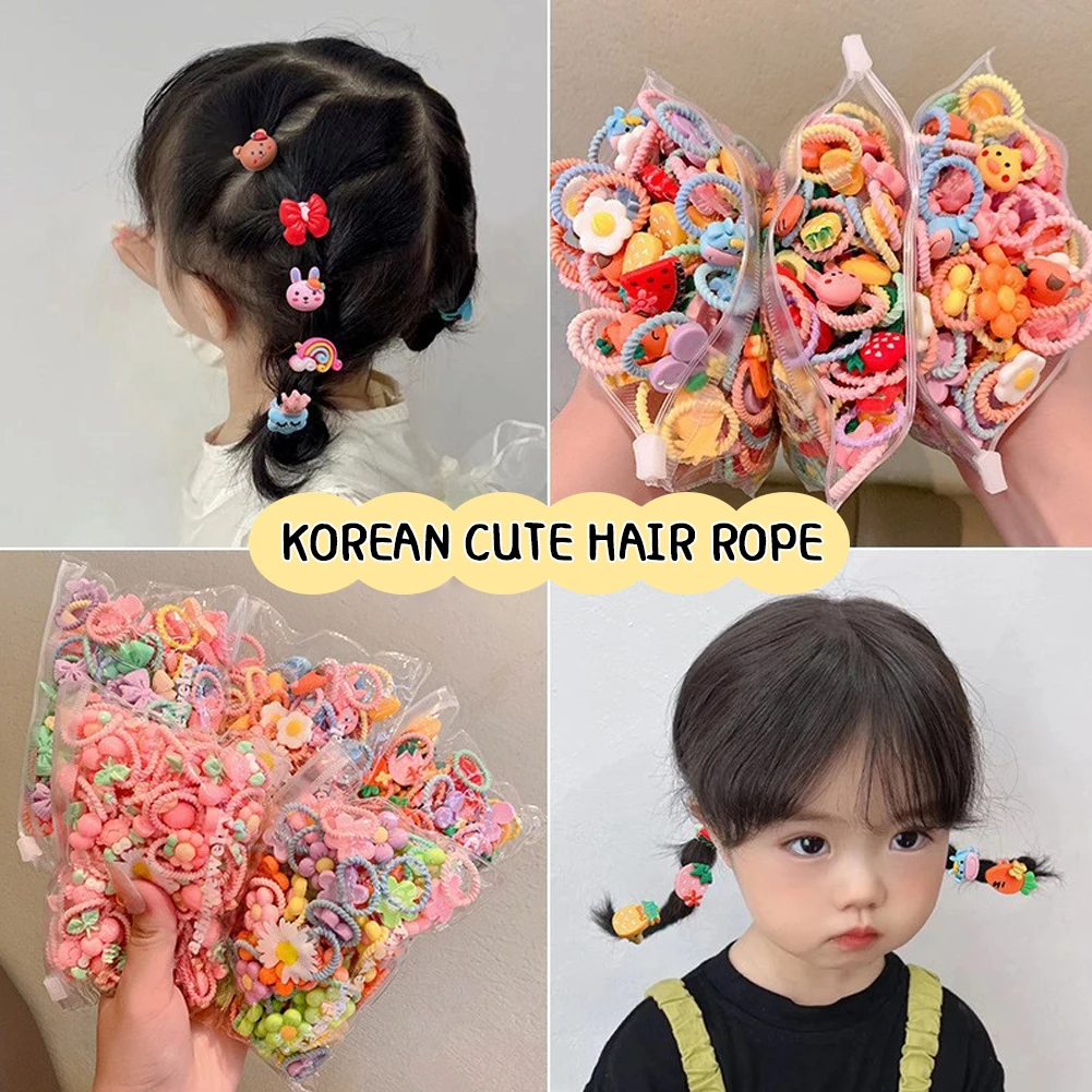 20pcs/bag Cute Children Elastic Hair Bands for Kids Girls Cartoon Bow Scrunchies Hair Rope Hair Circle Baby Hair Accessories